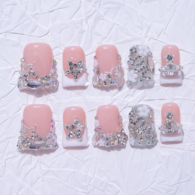 Nailssbysheccid, 10pcs-Y2K press on nails, duck nails, 100%handmade, with French, 3D, smudt, hand-drawn designs, perfect for family dinners, dates, weddings, and the best gift for girls! Jelly gel, crystal sticks and rolling sticks are given as gifts.
