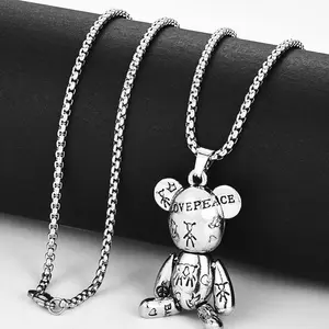 A Small Bear Necklace with Four Adjustable Legs, Suitable for Men'S Trendy Hip-Hop Punk Couples, a Long Versatile Sweater Chain, Featuring a Mesh Red Pendant Accessory