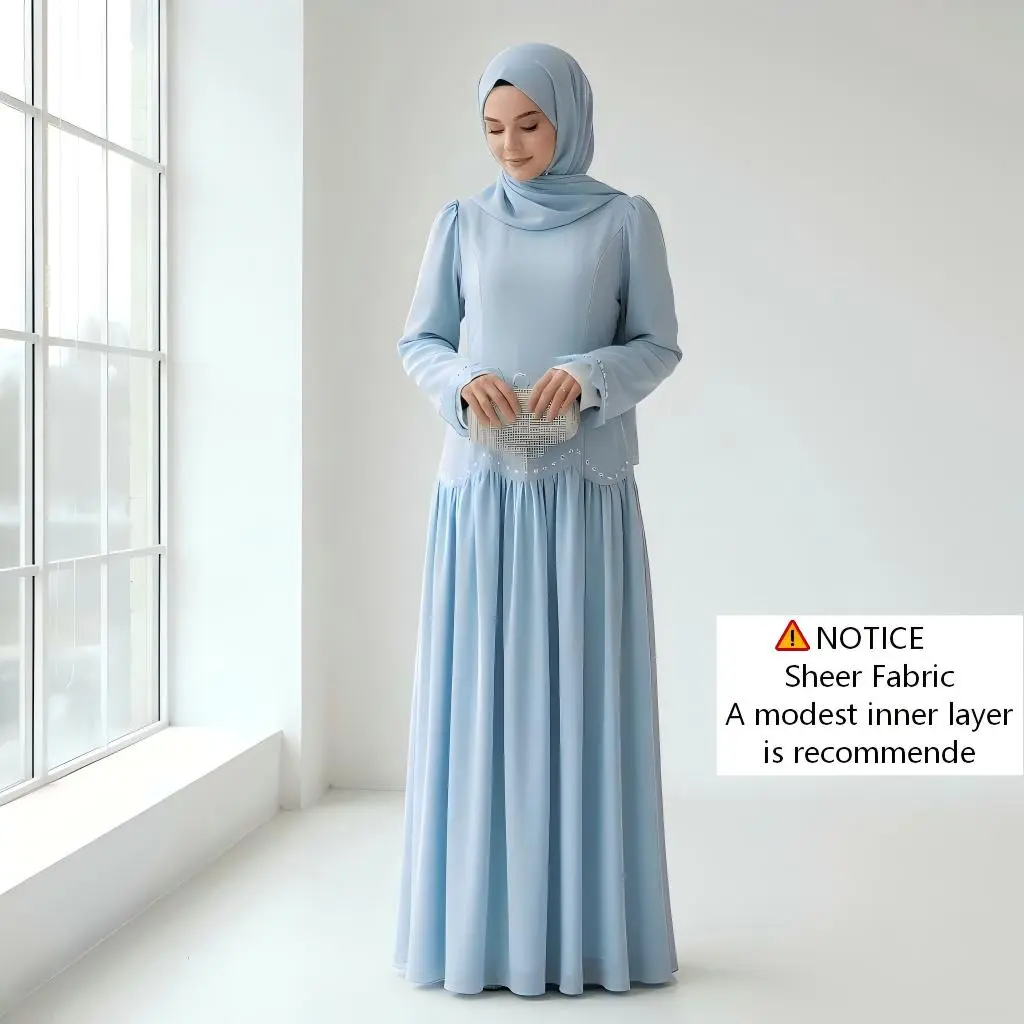 Women's Modest 2-Piece Muslim Chiffon Abaya Maxi Dress Set - Elegant Tailored Pleated Gown with Ruffles, Crystal Waist Chain, Hijab - Ideal for Eid, Party, Modest Clothes, Muslim Dresses