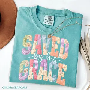 Comfort Colors Saved by His Grace PRINT Shirt, Faux Quilted Easter Christian Tee, Varsity Faith Cottagecore Jesus Top