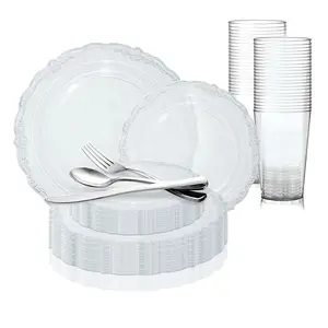 Clear Vintage Round Disposable Plastic Dinnerware Value Set (120 Settings)