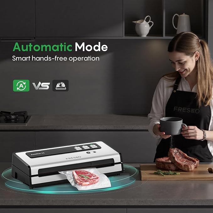 FRESKO Vacuum Sealer Machine with Automatic Bag Detection, Double Heat Seal, Compact Food Sealer, Easy to Use, Starter Kit