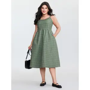 Women's Casual Checkered Print Shirred-Pocket Midi Dress 2026 Summer Vibes Swimweek
