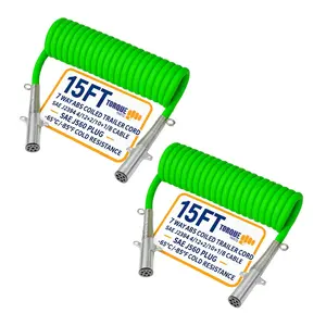 TORQUE 2 Pack of 7 Way Coiled Trailer Cord 15 FT Green ABS Electrical Power Coil Heavy Duty Cable Power Wire Cable for Semi Trucks Trailer Tractors (2 x TR831160)
