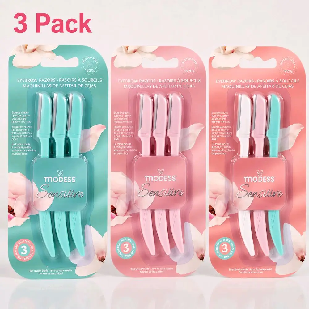 Modess Cosmetics Eyebrow Razors, (3 Packs of 3) and more options available Soft Durable Dermaplaning Tool, Peach Fuzz Remover, Sensitive Skin Safe, with Protective Caps