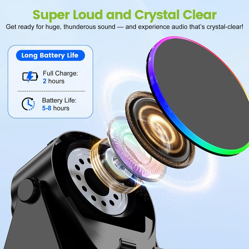 [valentinesdaygift] Dohelly 5 IN 1 Wireless Induction Audio Bluetooth Speaker, 360° Rotation Stand with LED, Universal Speaker Stands for Surround Sound&Charger,Portable Desktop Stand Gift  for Home, Shower, Outdoors, Travel Smartphone