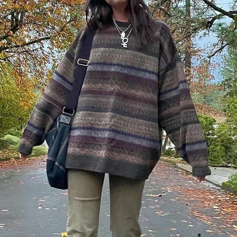 Preppy Grunge Retro Knitted Sweater Autumn O Neck Full Sleeve Jumpers Vintage Aesthetics Grandpa Sweaters Knitwear Womenswear Can be used with raincoat
