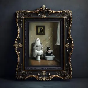 Ghost and Black Cat in Bathroom Poster, Funny Toilet Humor Print, Spooky Cute Wall Art, Litter Box Decor, Cat Lover Gift