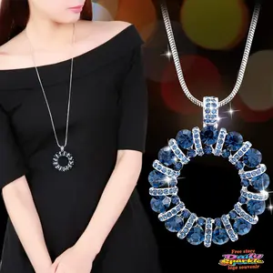 Diamond-encrusted circular crystal long necklace pendant, clothing accessory, geometric sparkling diamond pendant
