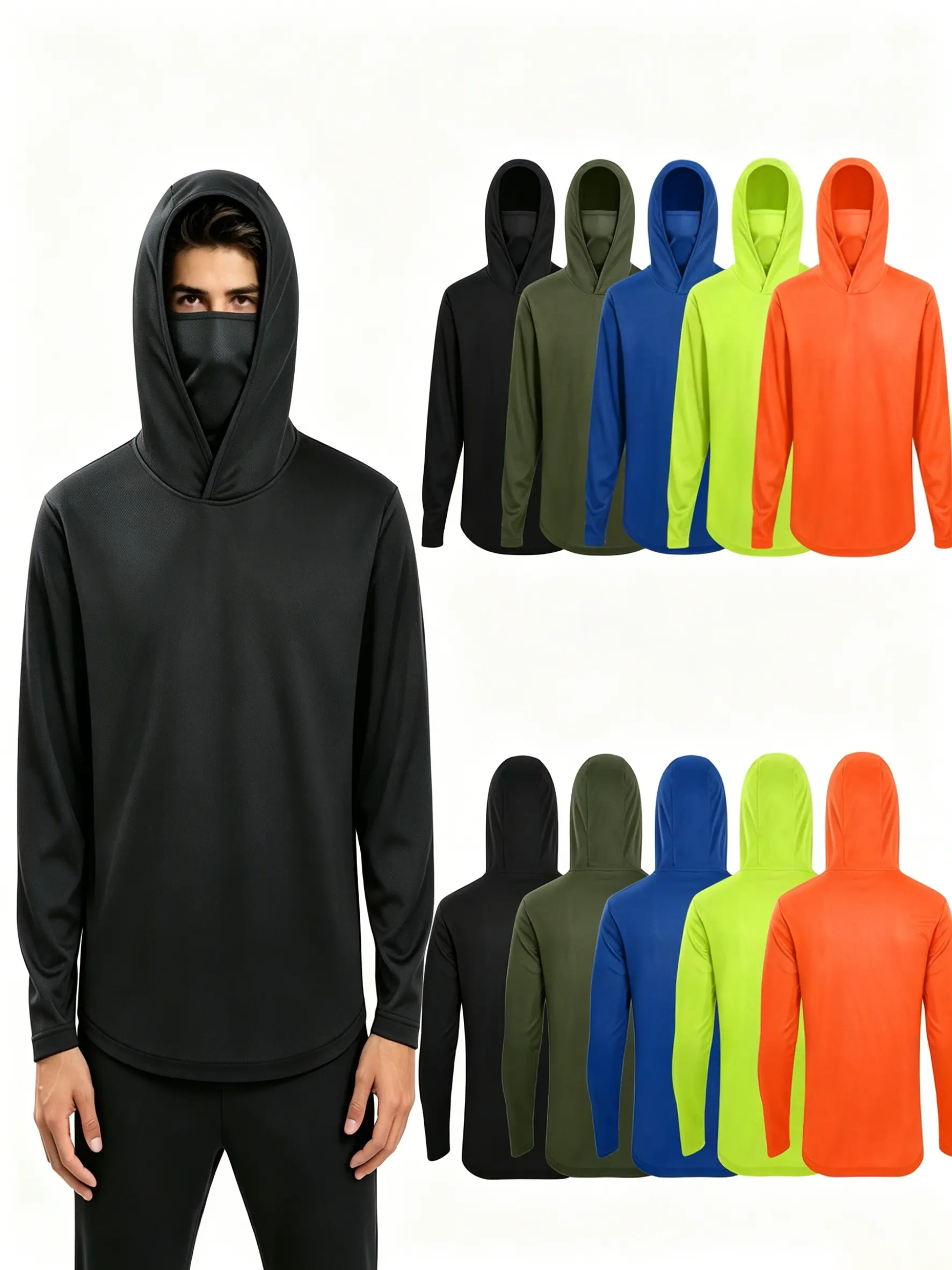 Men's UPF 50+ UV-Protective Hoodie with Built-in Face Gaiter - Quick Dry, 4-Way Stretch, Lightweight Long Sleeve Sports Top for Fishing, Hiking, All Seasons (Fluorescent Yellow, 5 Black Pieces), M, Active Tops, Casual Fitness Breathable, Sun Protection