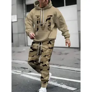 2pcs Men's Plus Size, Casual, Hooded Sports Camouflage, Printed Long Sleeve T-Shirt and Pants Set, Outdoor Wear, Preferred Gift for Someone, Street Style, PLUS SIZE