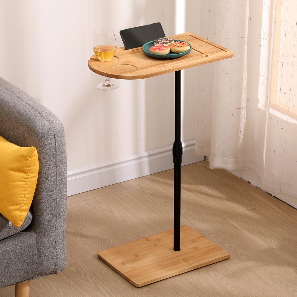 Couch Tray Table Bamboo Height Adjustable Side Table for Sofa C-shaped Oval End Tables with Slots for Bed & Chairs in Living Room & Bedroom