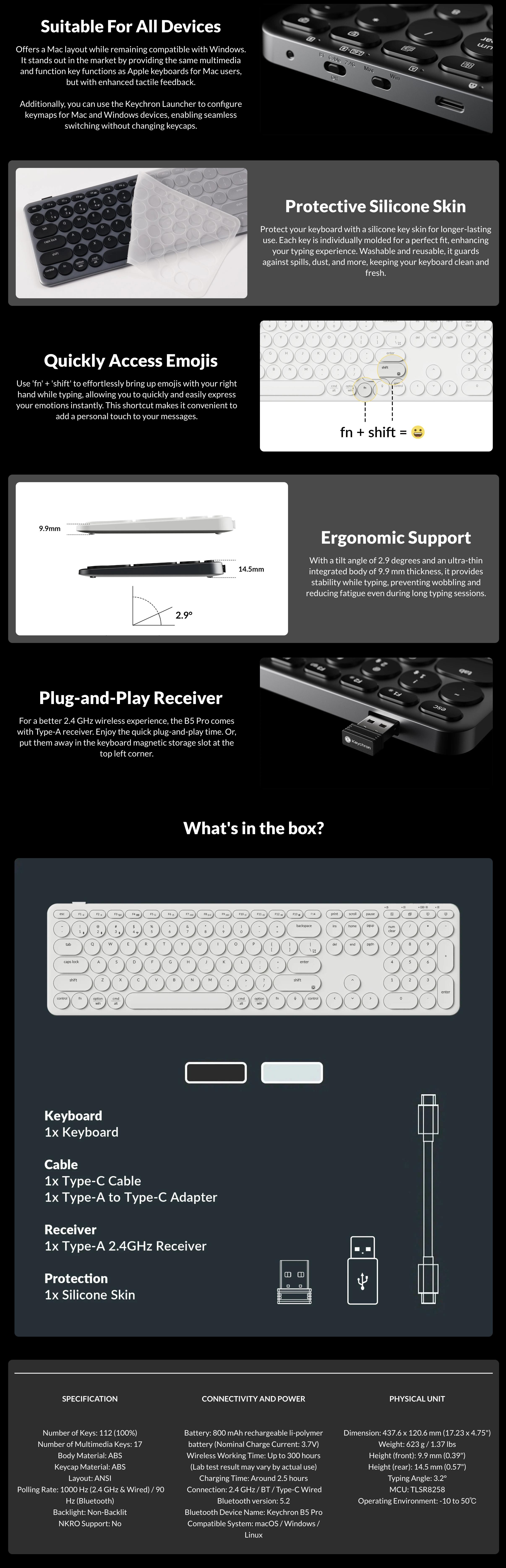 Keychron B5 Pro Ultra-Slim 2.4 GHz Bluetooth Keyboard Wireless 100% Full-Size 548g Lightweight Launcher Support with 300 Hours Battery Life Compatible for Mac Windows Linux