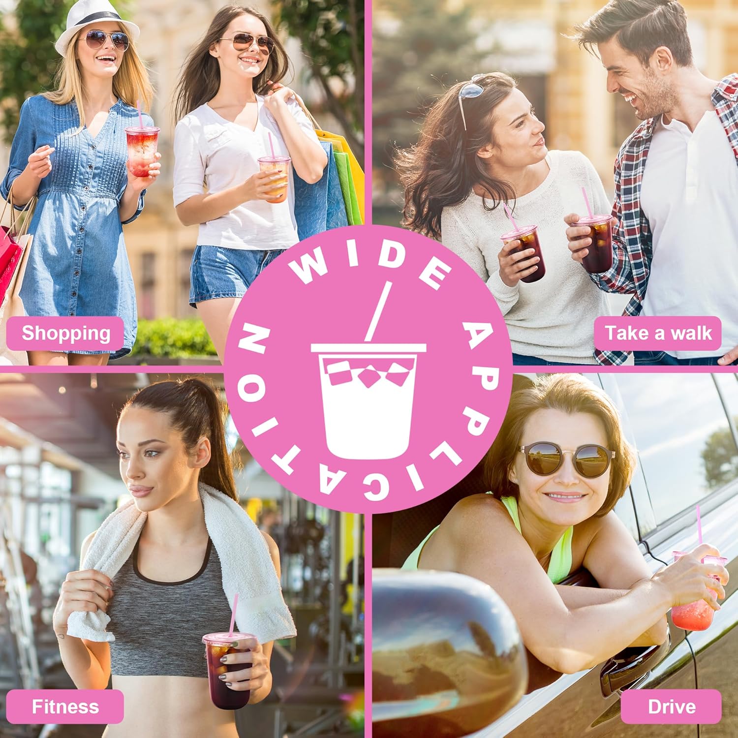 Valentine's Day 50Pack 12oz/16oz Pink Plastic Party Cups with Lids and Straws,Disposable Iced Coffee Cup with Lids,Round Bottom Drinking Cups for Birthday Wedding Valentine's Galentine's Bachelorette Party