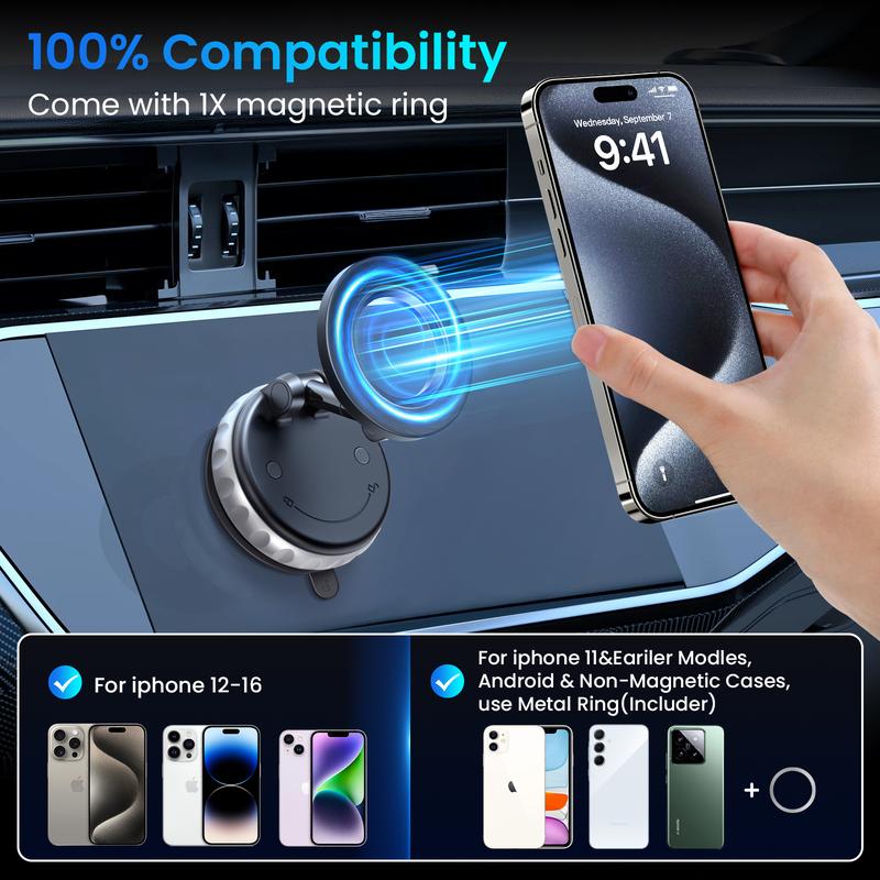 FUDUOO Car Phone Holder, With Magnetic＆Vacuum Adsorption Function, Adjustable and Foldable, Suitable for Smooth and Flat Surfaces, Compatible with All Smartphones