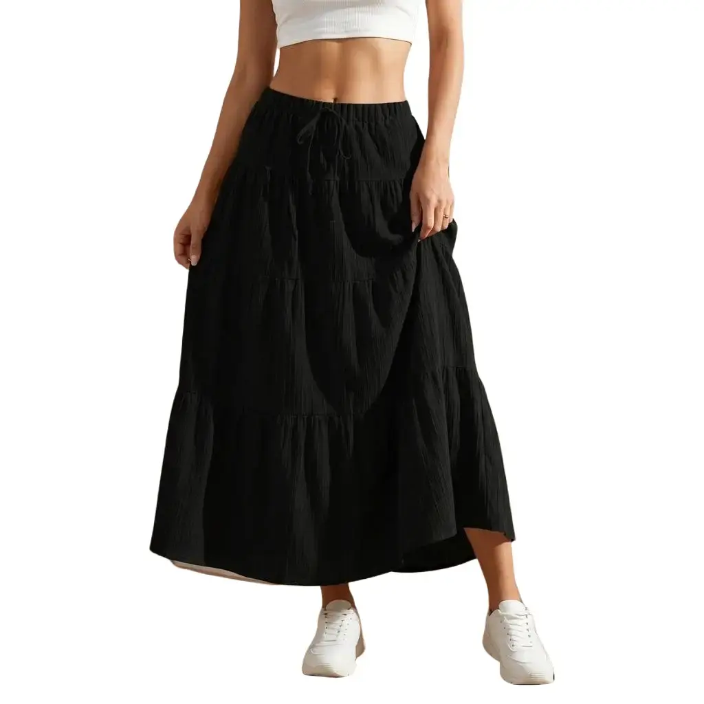 Women's Boho Tiered Maxi Skirt, Elastic High Waist Drawstring Flowy A-Line Long Skirt, Casual Summer Beach Vacation Cottagecore Skirt