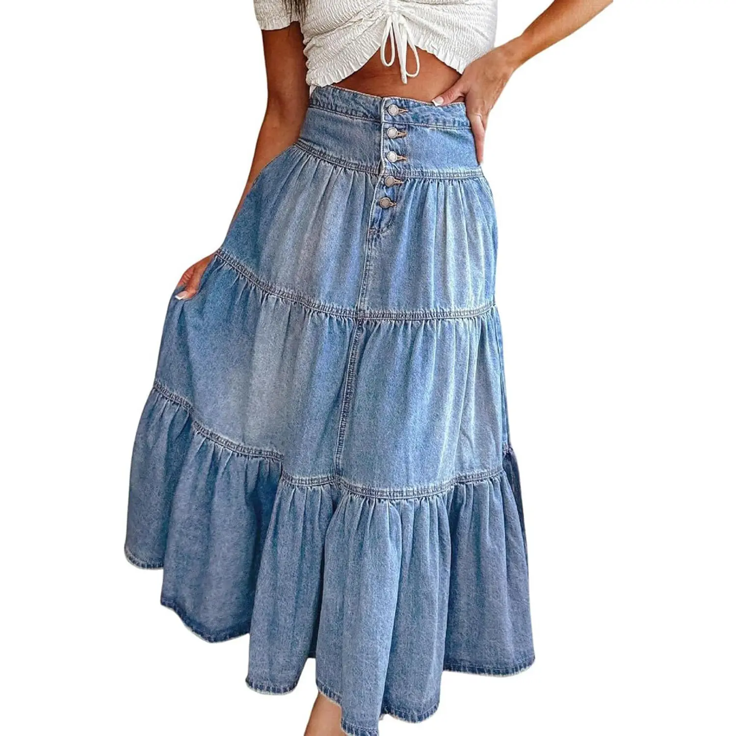 Chouyatou Women's Cute Sexy Thick Chic High-Waisted A-Line Cowboy Denim Skirt, Bohemian Style with Flowing Ruffle, Button Closure, and Tiered Design, Elegant, Women Fashion, Skirts For Women,back to school shopping