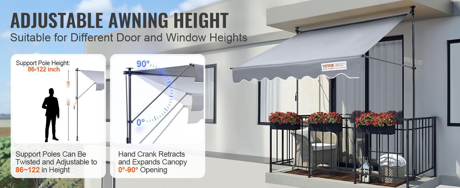 VEVOR Manual Retractable Awning, 78" Outdoor Retractable Patio Awning Sunshade Shelter, Adjustable Patio Door Window Awning Canopy with 39" Sun Shade Curtain for Backyard, Garden, Balcony
