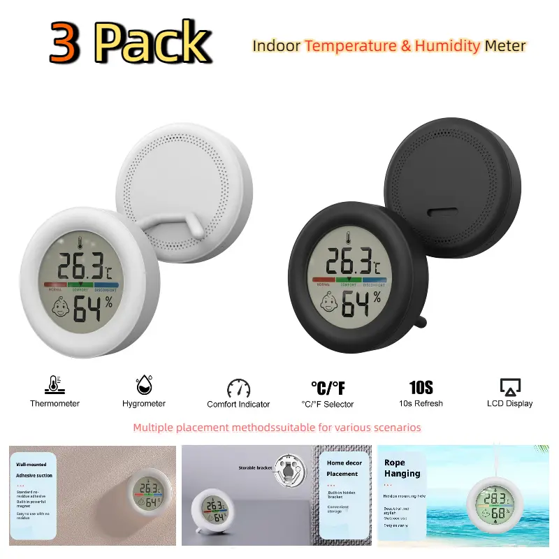 3-Pack Round Indoor Temperature and Humidity Sensors (Tools & Hardware) - High-Precision Comfort Display Thermometers, -20°~60°c Range, Lanyard+Stand, Adhesive Pads, Magnets for Indoor Monitoring, Metal Surfaces Mounting