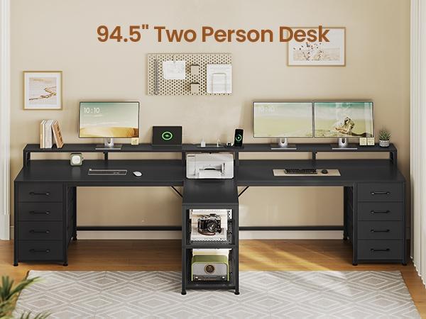 SEDETA 94.5 Inch 2 Person Gaming Desk Long Office Computer Desk with LED Lights 8 Storage Drawers Power Outlet