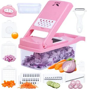 12-in-1 Vegetable Chopper & Mandoline Slicer with Container – Multifunctional Food Chopper, Onion Dicer, Potato & Carrot Cutter, Garlic Mincer & Grater, Kitchen Gadget with Storage Box (Pink)