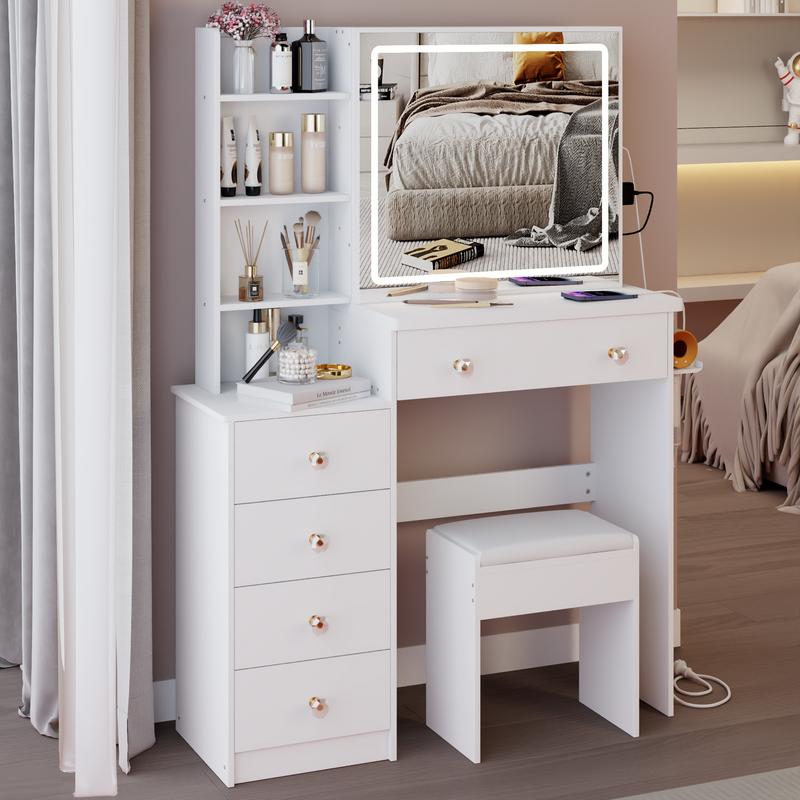 37" Middle Size Left Bedside Cabinet Vanity Table + Cushioned Stool Dresser Set, 2 AC+2 USB Socket, Hair Dryer Stand, Large Touch Control LED Sliding Mirror, 3-color Switch, EPA, GCC, UL Certificate