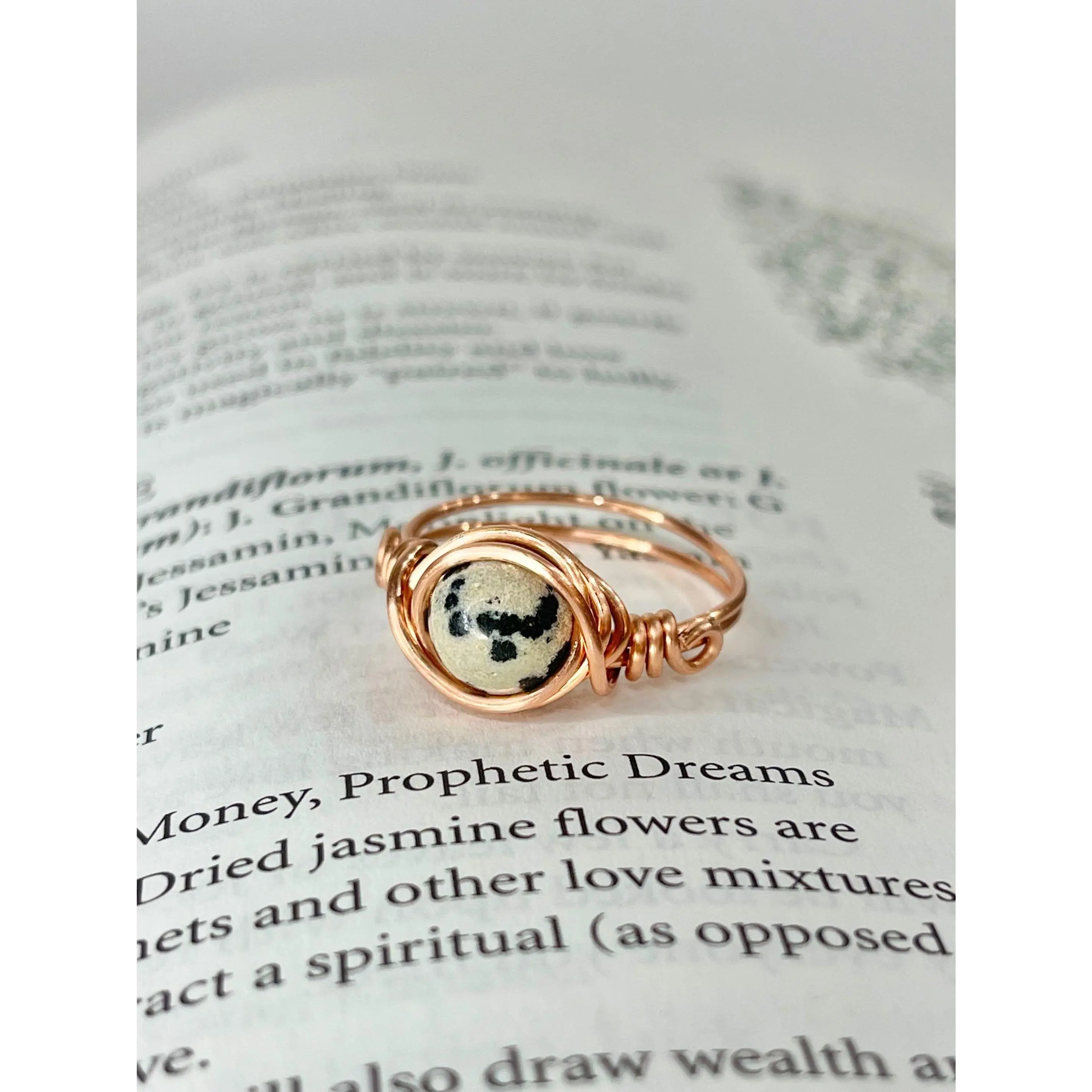 Handmade Cute Saturn Dalmatian Jasper Copper Wire Band Ring - Natural Crystal Jewelry for Trust, Harmony, Peace, Ideal for Aries, Gemini, Virgo