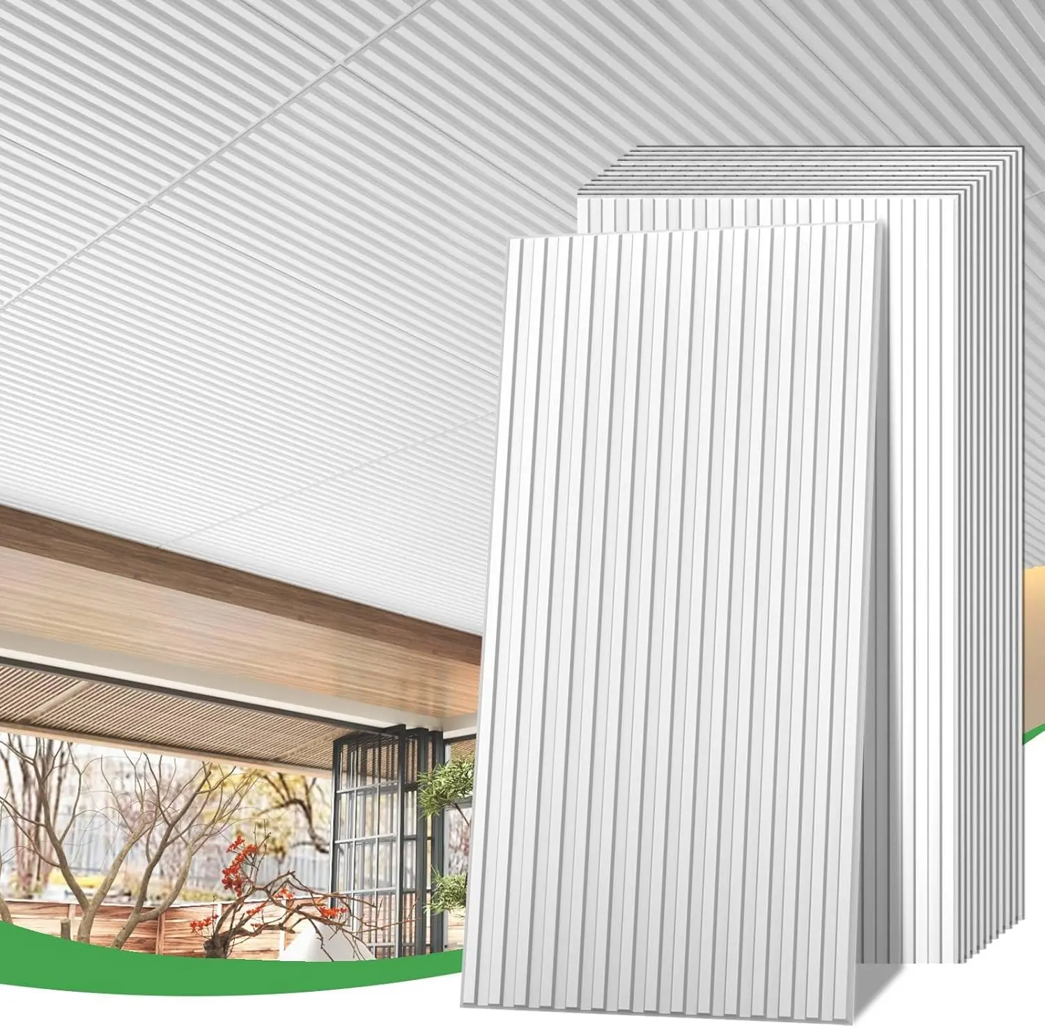 LOOYEE Reusable 3D Slat Texture Drop Ceiling Tiles, 6/24 PCS 2x4 ft Durable PVC Coverings, Lightweight Waterproof 3D Wall Panels for Residential Interior Decor (48/192 Sq.Ft) with Cut Light Holes