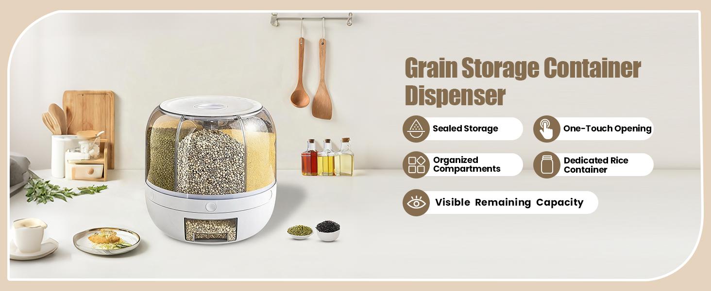 Grain Storage Container Dispenser, 6 Grids Rice Dispenser Rotating, 360° Rotating Food Dispenser One-Click Output Rice Storage Round Grain Dispenser Kitchen for Small Grains, Beans, Rice
