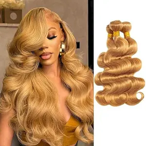 ALHER Color #27 Honey Blonde 1/3 Bundles Body Wave 12A Color #27 Sun-kissed Vibe Golden Blonde Colored Human Hair 3 Bundles Soft Thick Sew In Weave Wavy 100% Virgin Remy Hair Dark Blond Weft