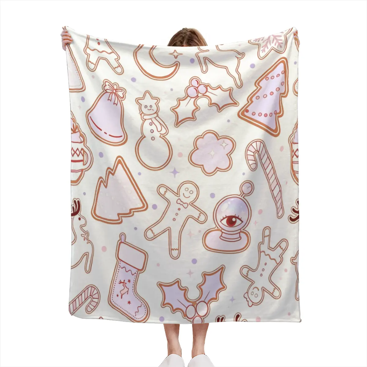 Pastel Pink Christmas Gingerbread Print Throw Blanket, Girly Cute Xmas Cookie Flannel Blanket, Soft Winter Aesthetic Room Decor Blanket