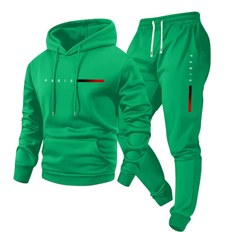 Men's Spring/Fall Paris Letter Print Hooded Sweater & Elastic Waist Drawstring Trousers Set Stylish Casual Two-Piece Gift for Husband or Boyfriend