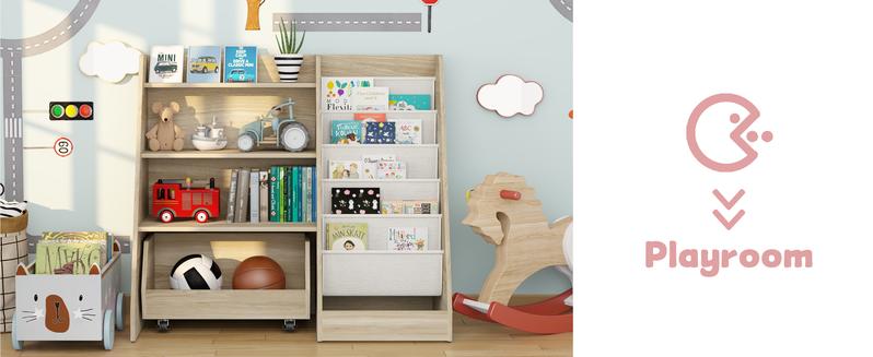 COZPAW Kids Bookshelf and Toy Storage, 4 Tier Toddler Bookshelf with Movable Drawer 5 Sling Pockets, Montessori Book Shelf for Kids Room, Playroom, Nursery (Oak)