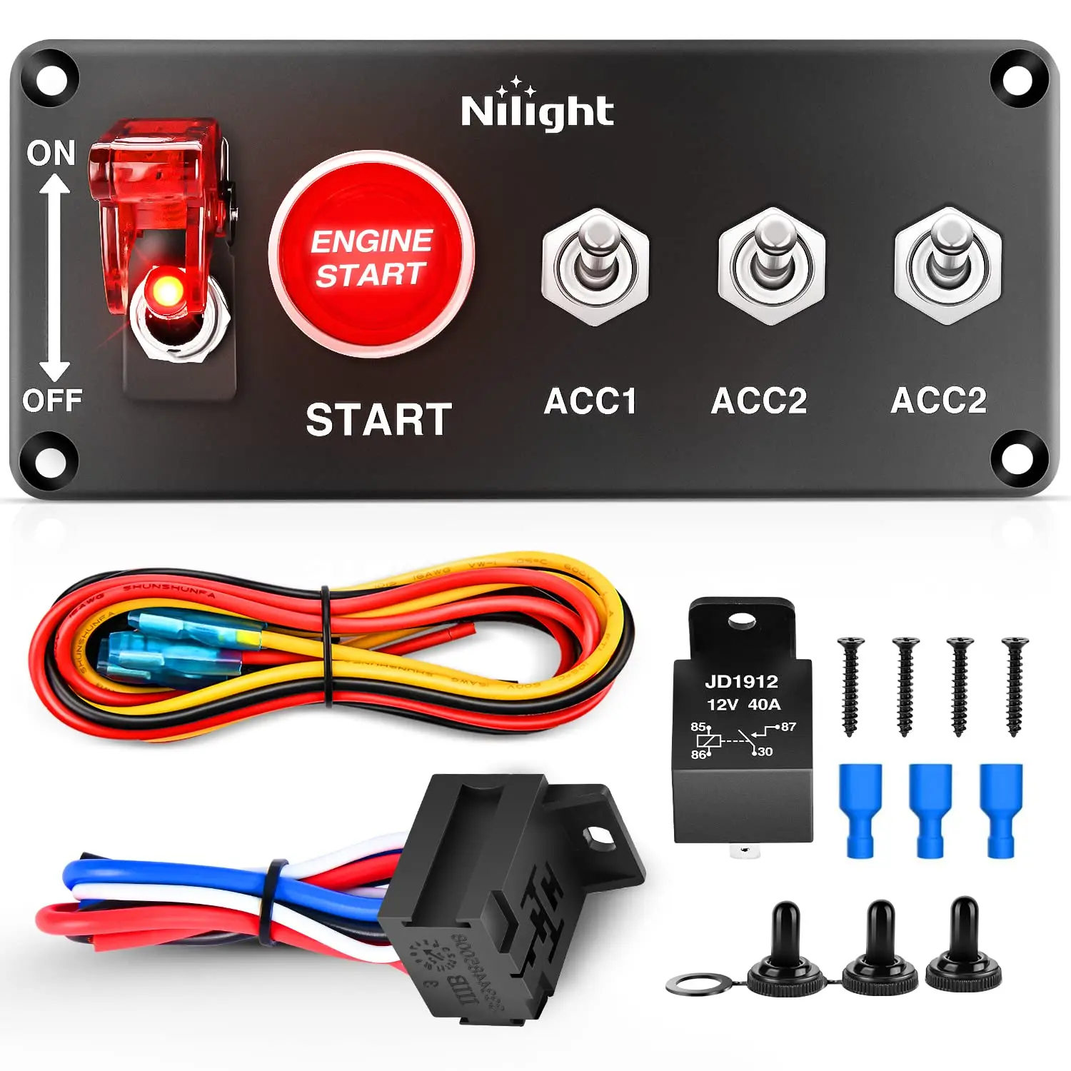 Nilight 12V Aluminum-Carbon Fiber Ignition Rocker Panel Kit - 5-in-1 with Engine Push Button Toggle, Safety Cover, 1x Relay with Wire, LED Light for Racing Cars, Yachts (1x Ignition Switch Panel Included, Fits Caravans)