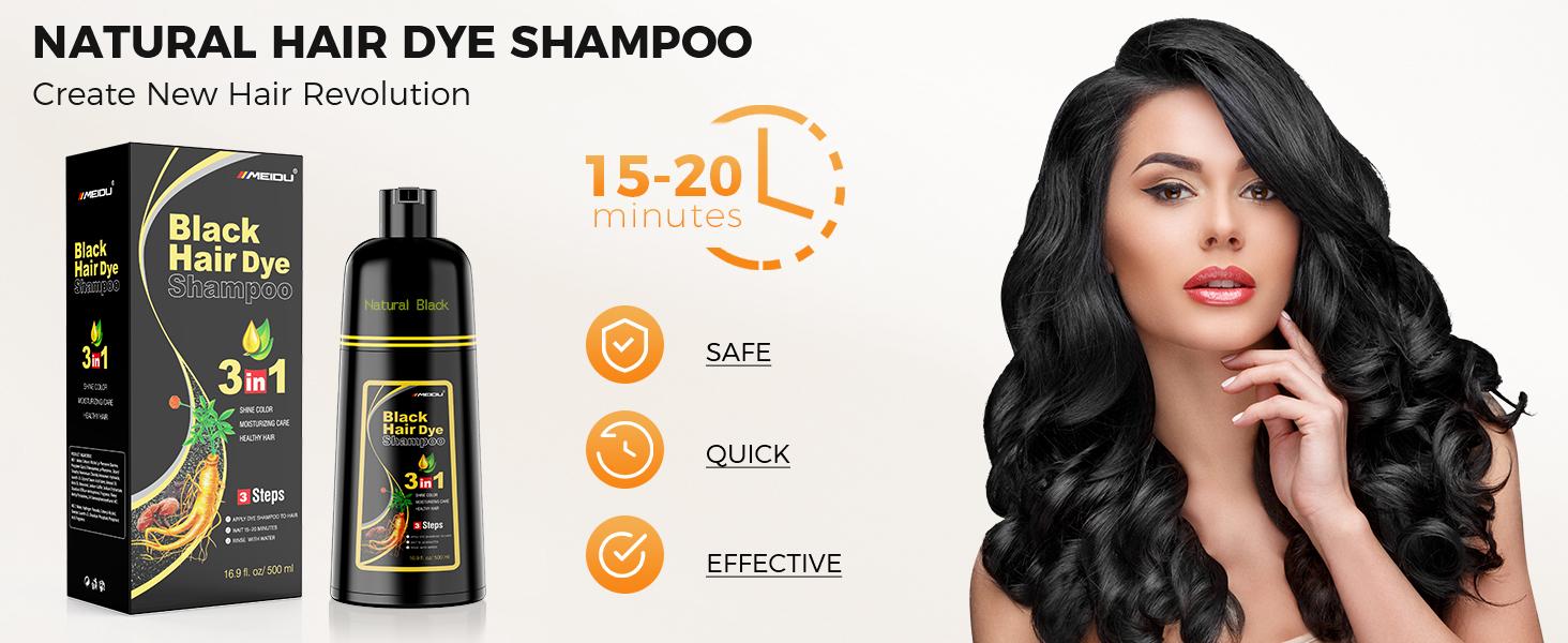 MEIDU 3 in 1 Black Hair Dye Shampoo - Herbal Ingredients Can cover gray hairs, Contains Ginseng Extract, Natural Haircoloring