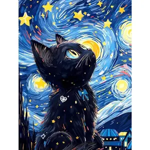 5D Black Cat Diamond Painting Kit Full Drill Starry Night Gem Art for Adults Beginners Festival Home Wall Decor 12x16 Inch