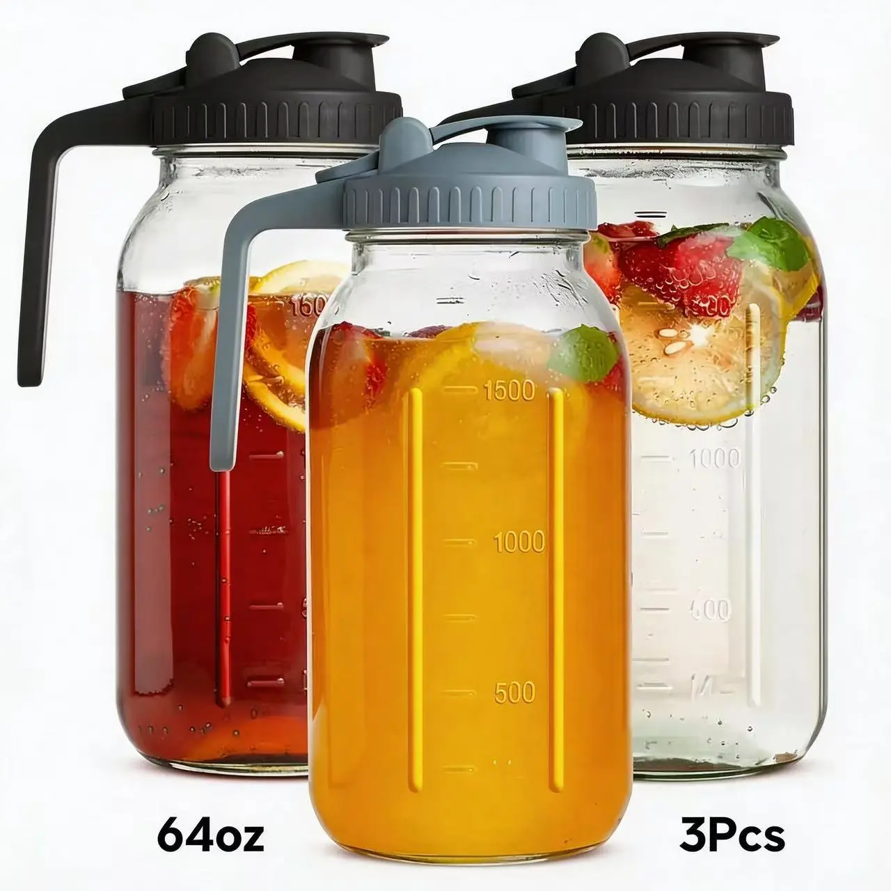 3-pack, 64oz Mason jar with graduated scale, Mason bottle set, cold water bottle, glass bottle with handle and lid summerwins