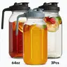 3-Pack Mason Jar Water Bottles - 64oz Large Cap Graduated Scale Transparent Glass Drinkware with Handle & Lid, Plastic-Free Beverage Set for Fruit Drinks, Dorm Essentials, Family Gatherings