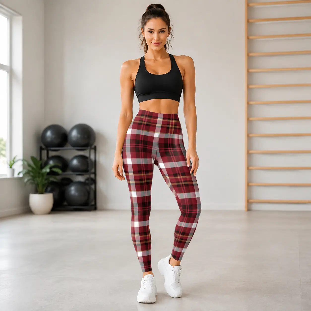 Burgundy Plaid Leggings, Women Yoga Pants, Workout Tights, Athletic Activewear, Everyday Comfort