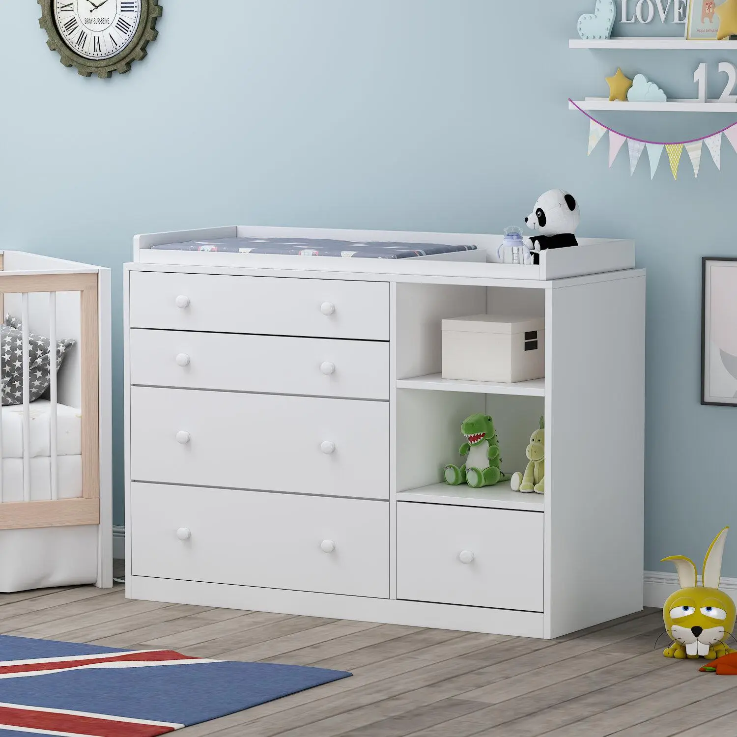 FUFU&GAGA Parents Day gift Deborah Changing Table Dresser Antique White with Exposed Shelves,5 Exposed Drawers & Space for Changing Pad, High-Quality Engineered Wood