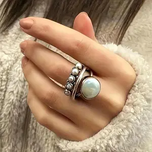 Layered Elegant Vintage Ring with Artificial Pearl Inlay - Unisex Accessory for Daily Wear and Parties