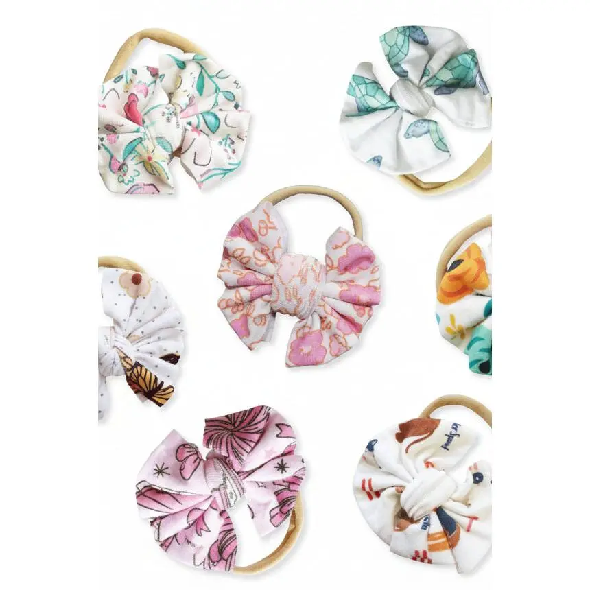 0-3 Months Infant Bow Embellishment Knit Headbands - Cute Stretchy Bamboo-Viscose Mix Fabric, Assorted Prints, Skin-Gentle Newborn Hair Bow Headbands, Hand Wash Only