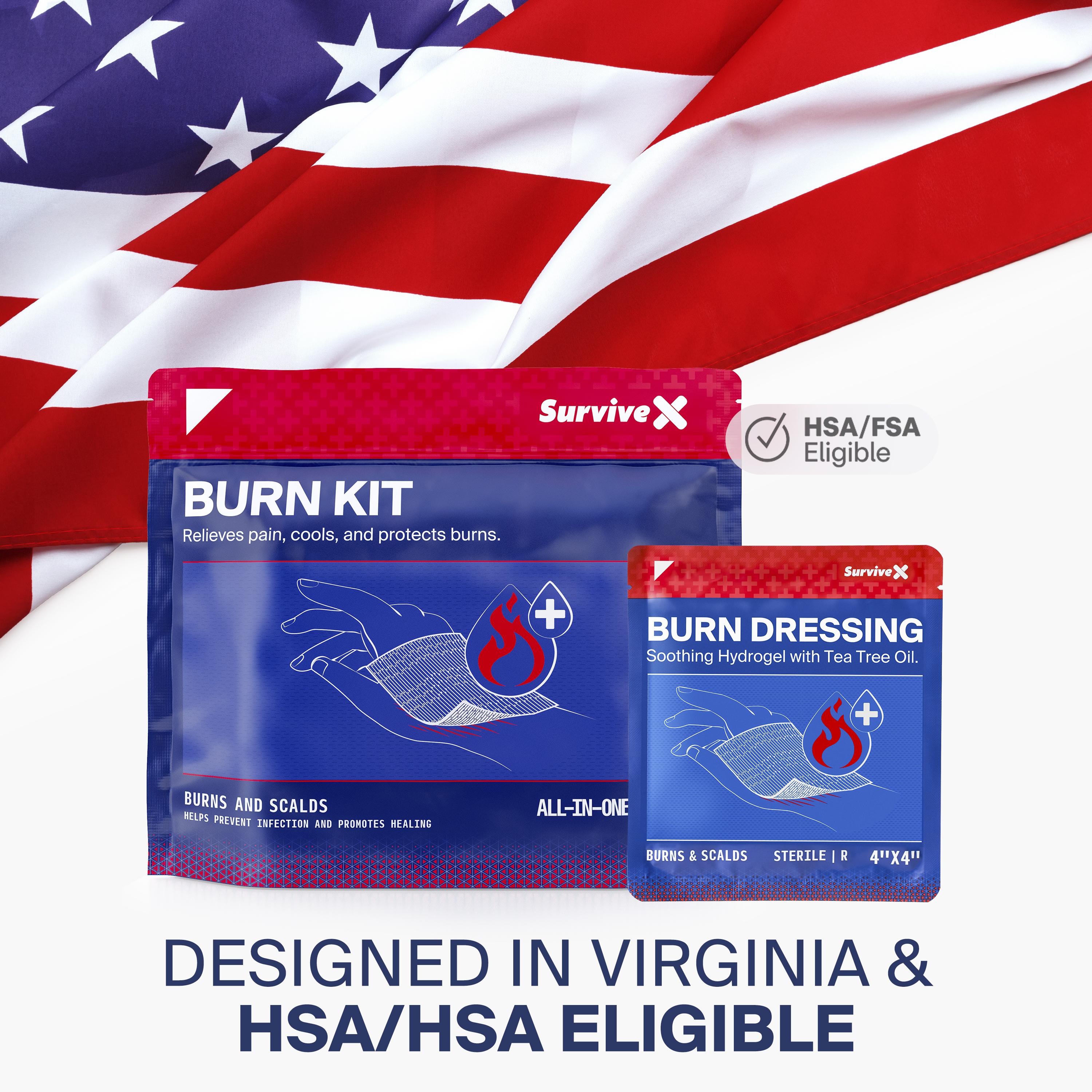 SURVIVEX Burn Dressing Kit with Tea Tree Oil - Hydrogel Burn Pads, Cooling Gels, Non-Adhesive Dressings & Gauze - Complete First Aid for Instant Cooling, Soothing & Relief