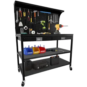 GARVEE 48" Workbench, Heavy Duty Metal Steel Tool Work Table, 3 Storage Shelves Work Table for Garage with Pegboard, 2 Drawers and Shelf, Multifunctional Work Bench for Workshop, Home, Office