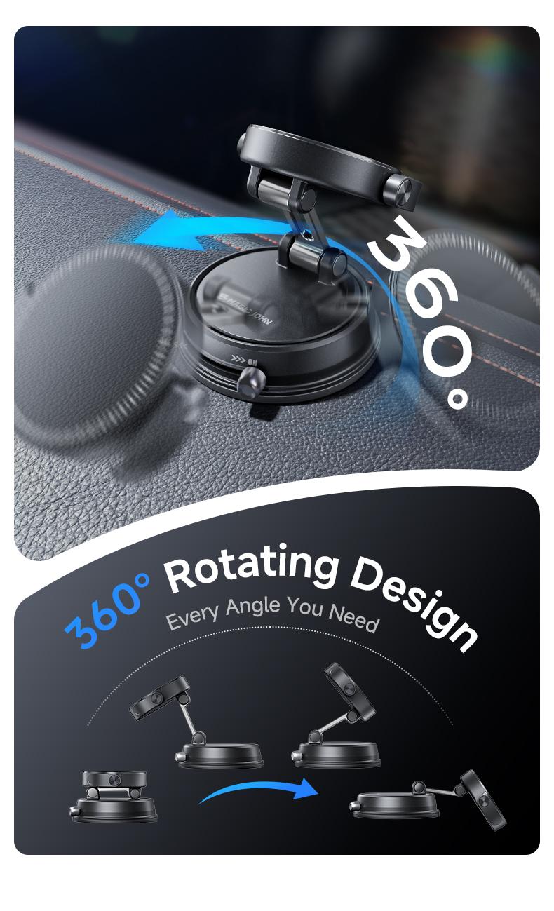 MAGIC JOHN Clip-On Car Phone Holder, Strong Magnetic Grip, Non-Slip Foldable Stand, 360° Adjustable, for Car Navigation & Home Use — Works with or without Magnetic Phones