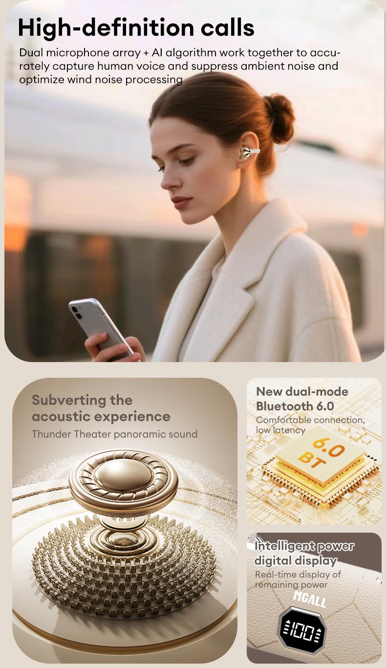 MGALL X22 Fashionable Clip-On Wireless Headphones with Handbag‑Style Light‑Luxury Leather Texture, Comfortable Fit, 2025 Bluetooth 6.0, LED HD Display, HiFi Sound, Sport & Travel Ready, Perfect Gift for Girlfriend,TikTokShop Back to School