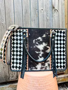 Speed Check Structured Work Tote | Black and White Tooled Leather Checkered Purse