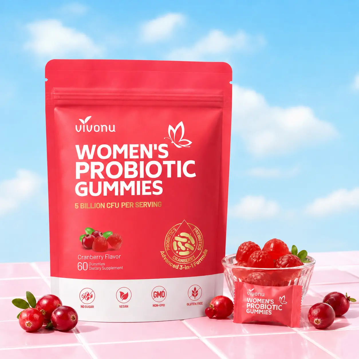 VivoNu VivoNu Women’s Cranberry Probiotic Gummies | Odor Control & pH Balance Support | Daily Feminine Health with Prebiotics | Vegan | 60 Gummies | SummerVibes