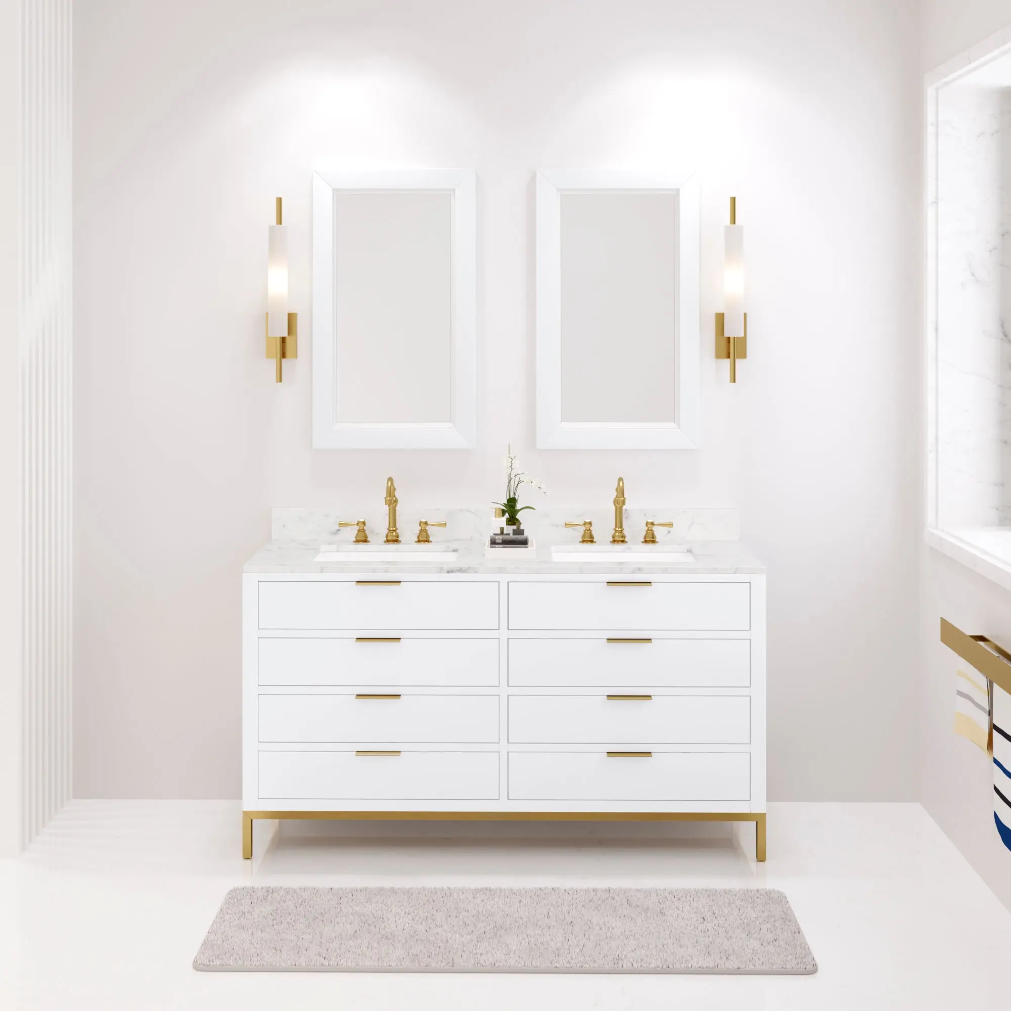 Water Creation Bristol 60" Double Sink Carrara White Marble Countertop Bath Vanity in Pure White