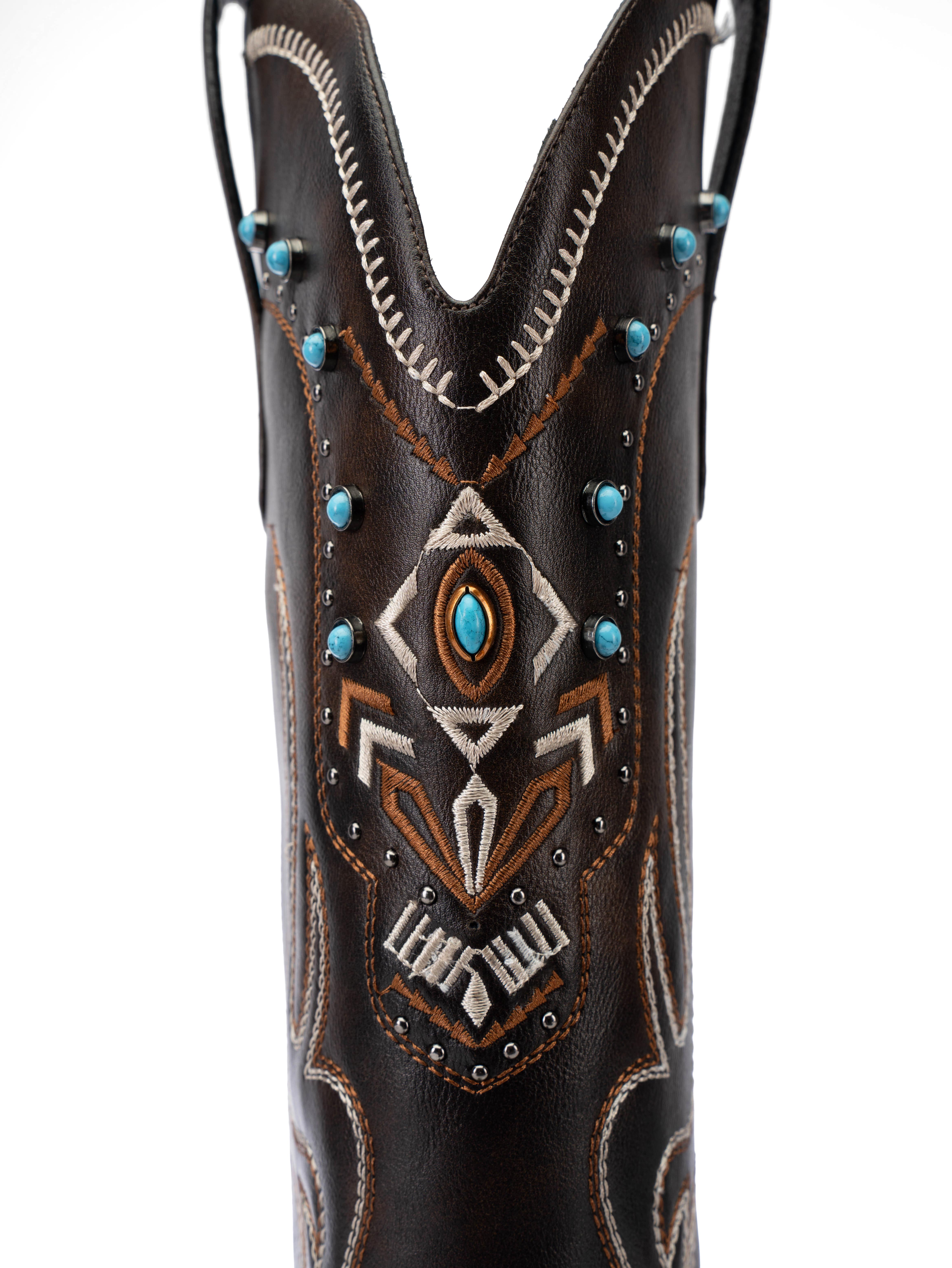 ReneChristine Women's Embroidery Western Cowboy Boots with Studs & Emerald Gemstones, Knee High Wide Calf Cowgirl Boots for Gatherings Weekend Hangouts Black Leather fur boots knee high boots boots for fall thigh high boots brown boots cowgirl boots Sprin